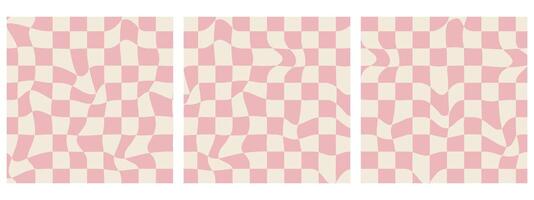 Set of Square Groovy Checkerboard Patterns. Psychedelic Abstract Grid Backgrounds Capture the 1970s Retro Style, Perfect for Web Design and Social Media. Features Pink and Beige Colors. vector