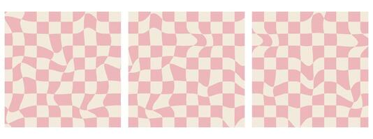 Set of Square Groovy Checkerboard Patterns. Psychedelic Abstract Grid Backgrounds Capture the 1970s Retro Style, Perfect for Web Design and Social Media. Features Pink and Beige Colors. vector