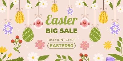 Easter sale horizontal background template for promotion. Design with  painted eggs, flowers and carrots. Spring seasonal advertising. Hand drawn flat vector illustration