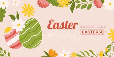 Easter sale horizontal background template for promotion. Design with  painted eggs, floral elements. Hand drawn flat vector illustration