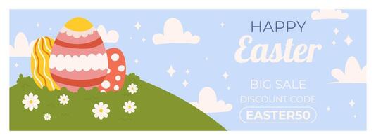 Easter sale horizontal banner template for promotion. Design on sky blue background with painted eggs and green grass, white daisy and clouds vector