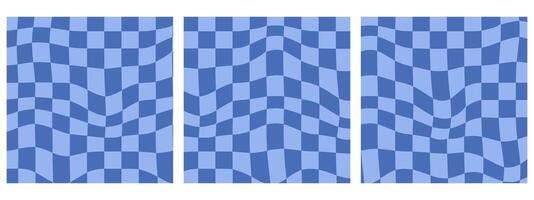 Set of Square Retro Groovy Wavy Psychedelic Checkerboard Check Y2K 90s Background. Blue Color Backdrop vector