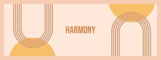 Minimalist geometric zen arches banner template with Text - Harmony. Abstract boho shapes in a retro aesthetic for versatile design use. Vector concept design.