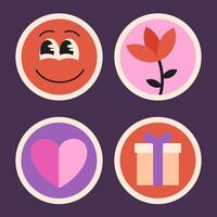 Set of Valentine Day icons, round flat stickers with romantic symbols, flower and characters. Vector illustration.