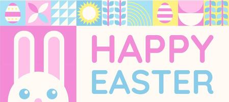Happy Easter banner with flat graphic elements and symbols of the Holiday, decorated eggs and bunny, plants drawings. Vector illustration with text greeting.