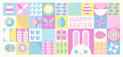 Happy Easter banner with flat graphic elements and symbols of the Holiday, decorated eggs and bunny, plants drawings. Vector illustration with text greeting.