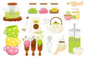 Tea set of vector illutrations. Tea types. Cups of tea design kettle, tea ceremony