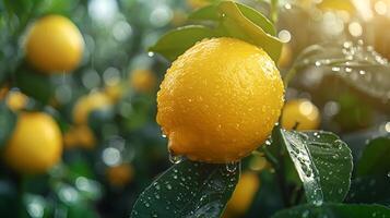 AI generated A very close view of lemon on a nice lemon tree photo