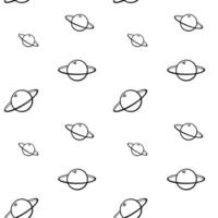 Saturn planet vector seamless pattern. Line art, outline, black. Wallpaper, print, fabric, textile, wrapping paper, packaging design