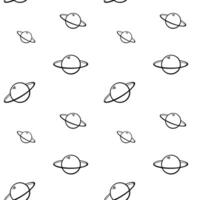 Saturn planet vector seamless pattern. Line art, outline, black. Wallpaper, print, fabric, textile, wrapping paper, packaging design