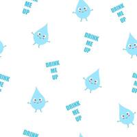 Drink me up text and water drop vector seamless pattern. Water background, wallpaper, print, textile, fabric, wrapping paper, packaging design. Line art