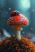 AI generated Ladybug and fly agaric. Ladybug sitting on top of a mushroom photo