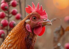 ai generado gallo soportes en frente de rojo bayas foto