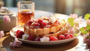 AI generated Fresh fruit dessert on wooden plate, a summer indulgence generated by AI photo