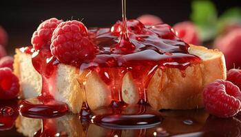 AI generated Fresh raspberry dessert on wooden table, a sweet indulgence generated by AI photo