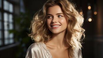 AI generated Beautiful woman with long blond hair smiling and looking at camera generated by AI photo
