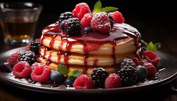AI generated Fresh berry pancake stack on wooden table with mint leaf generated by AI photo