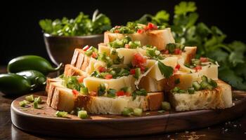 ai generado frescura y gastrónomo A la parrilla carne en tostado ciabatta un pan generado por ai foto