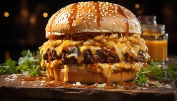 AI generated Grilled beef burger on rustic bread, fresh tomato, and cheddar generated by AI photo