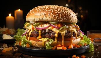 AI generated Grilled gourmet burger with fresh tomato on sesame bun generated by AI photo
