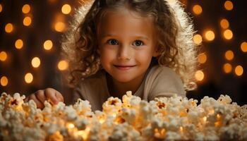 AI generated A cute, smiling toddler enjoying the Christmas lights indoors generated by AI photo
