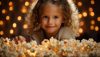 AI generated A cute, smiling toddler enjoying the Christmas lights indoors generated by AI photo