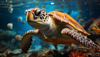 AI generated Tropical sea turtle swimming in blue water, surrounded by coral generated by AI photo