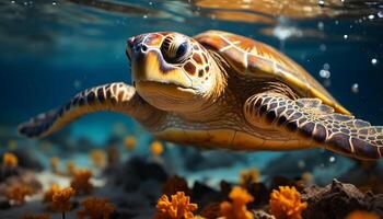 AI generated A beautiful sea turtle swimming in the colorful coral reef generated by AI photo