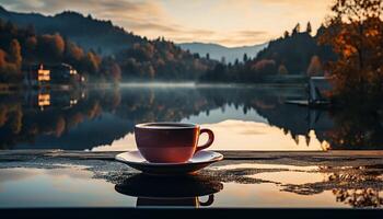 AI generated Tranquil scene coffee cup reflects autumn beauty in nature generated by AI photo