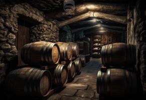 AI generated Wine barrels stacked in the old cellar of the winery. photo