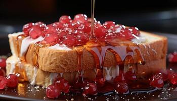 ai generado recién horneado hecho en casa dulce tarta con frambuesa y fresa decoración generado por ai foto