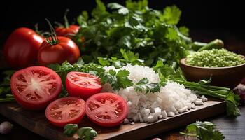 ai generado Fresco tomate ensalada, un sano vegetariano comida con orgánico ingredientes generado por ai foto