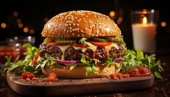 AI generated Grilled gourmet cheeseburger on a rustic wooden table generated by AI photo