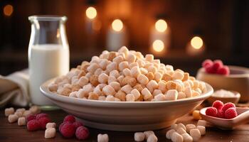 AI generated Fresh organic raspberry yogurt bowl, a healthy and sweet snack generated by AI photo