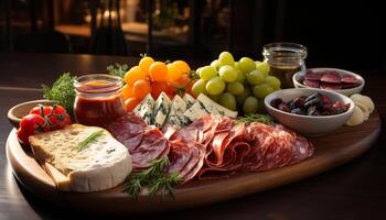 AI generated A rustic picnic table with a gourmet spread of meat, bread, and wine generated by AI photo