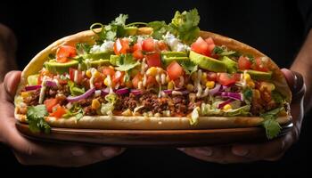 AI generated Grilled beef taco with fresh guacamole and tomato salsa generated by AI photo