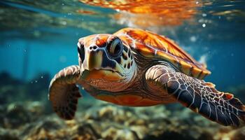 AI generated A beautiful sea turtle swimming in the colorful underwater reef generated by AI photo