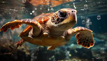 ai generado un lento, linda Tortuga nadando en el azul mar generado por ai foto