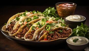 AI generated Grilled beef taco with guacamole, tomato, and cilantro on flatbread generated by AI photo