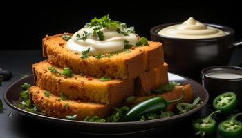 ai generado frescura y gastrónomo comida en un plato con vegetales y perejil generado por ai foto