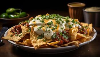 AI generated Fresh guacamole on a crunchy tortilla chip, a Mexican appetizer generated by AI photo