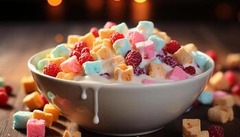 AI generated Homemade dessert bowl sweet, colorful, fresh fruit, indulgent, creamy, healthy generated by AI photo