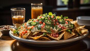 ai generado Fresco guacamole en un tortilla chip, un mexicano aperitivo bocadillo generado por ai foto