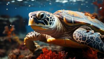 AI generated Tortoise swimming gracefully, showcasing beauty in nature underwater world generated by AI photo