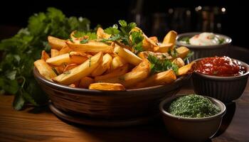 AI generated Freshness and crunchiness of gourmet French fries on wooden table generated by AI photo