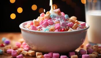 ai generado dulce caramelo postre en mesa, vistoso indulgencia para celebracion generado por ai foto