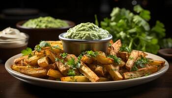 ai generado recién cocido gastrónomo comida en de madera lámina, sano vegetariano opción generado por ai foto