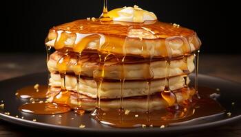 AI generated Freshly baked pancake stack with chocolate syrup and honey drizzle generated by AI photo