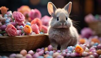 AI generated Cute baby rabbit sits in a colorful Easter basket generated by AI photo