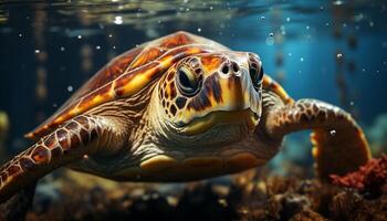 AI generated Turtle swimming in blue water, looking at camera, underwater beauty generated by AI photo